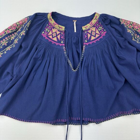 Free People Cherry Bomb Embroidered Peasant Blouse Navy Blue Pink Boho Top S - Picture 4 of 10